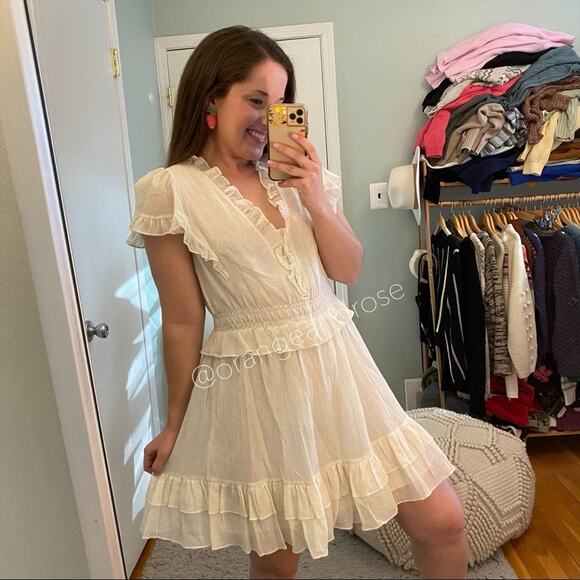 NWT Rebecca Taylor White Gold Ruffle Short Sleeve Fit Flare Mini Dress Large - Picture 2 of 14